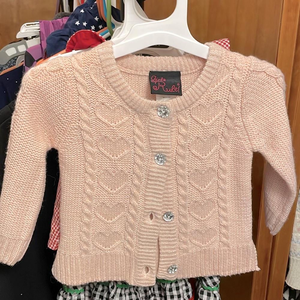 Girls Rule! Light Pink Heart Cardigan with Sparkly Detail and Rhinestone Buttons